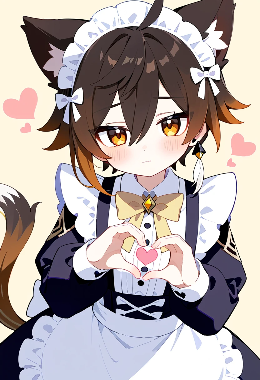 masterpiece, best quality, extremely detailed, 1boy, male focus, handsome man, solo, Zhongli(Genshin impact), kawaii, maid outfit, long sleeves, heart hands, blush