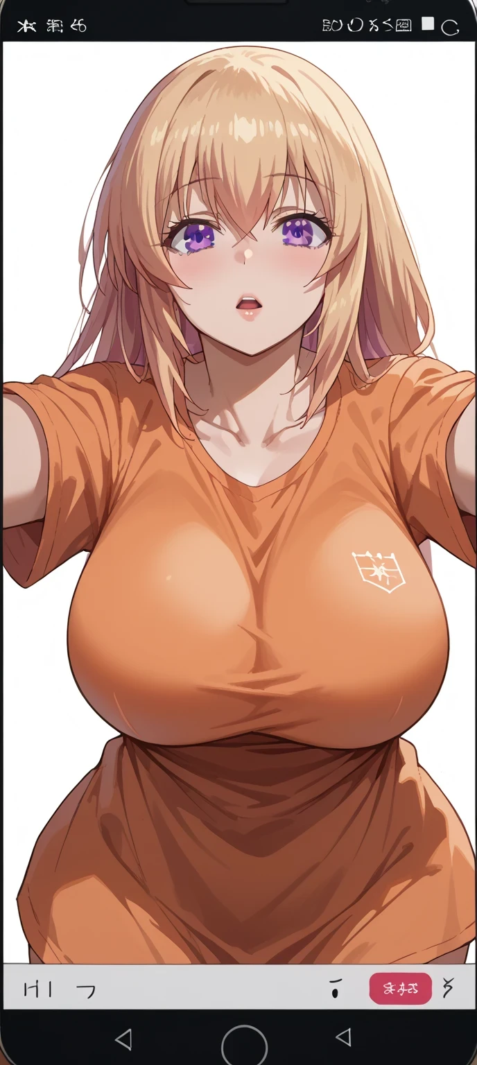 score_9, score_8_up, score_7_up, source_anime,
honamiichinose, honami ichinose, long hair, blonde hair, purple eyes, hair between eyes, huge breasts, 1girl, breasts, blush, solo, looking_at_viewer, shirt, large_breasts, bangs, phone_screen, short_sleeves, parted_lips, collarbone, hair_between_eyes, white_background, orange_shirt, open_mouth, simple_background, long_hair, long hair 