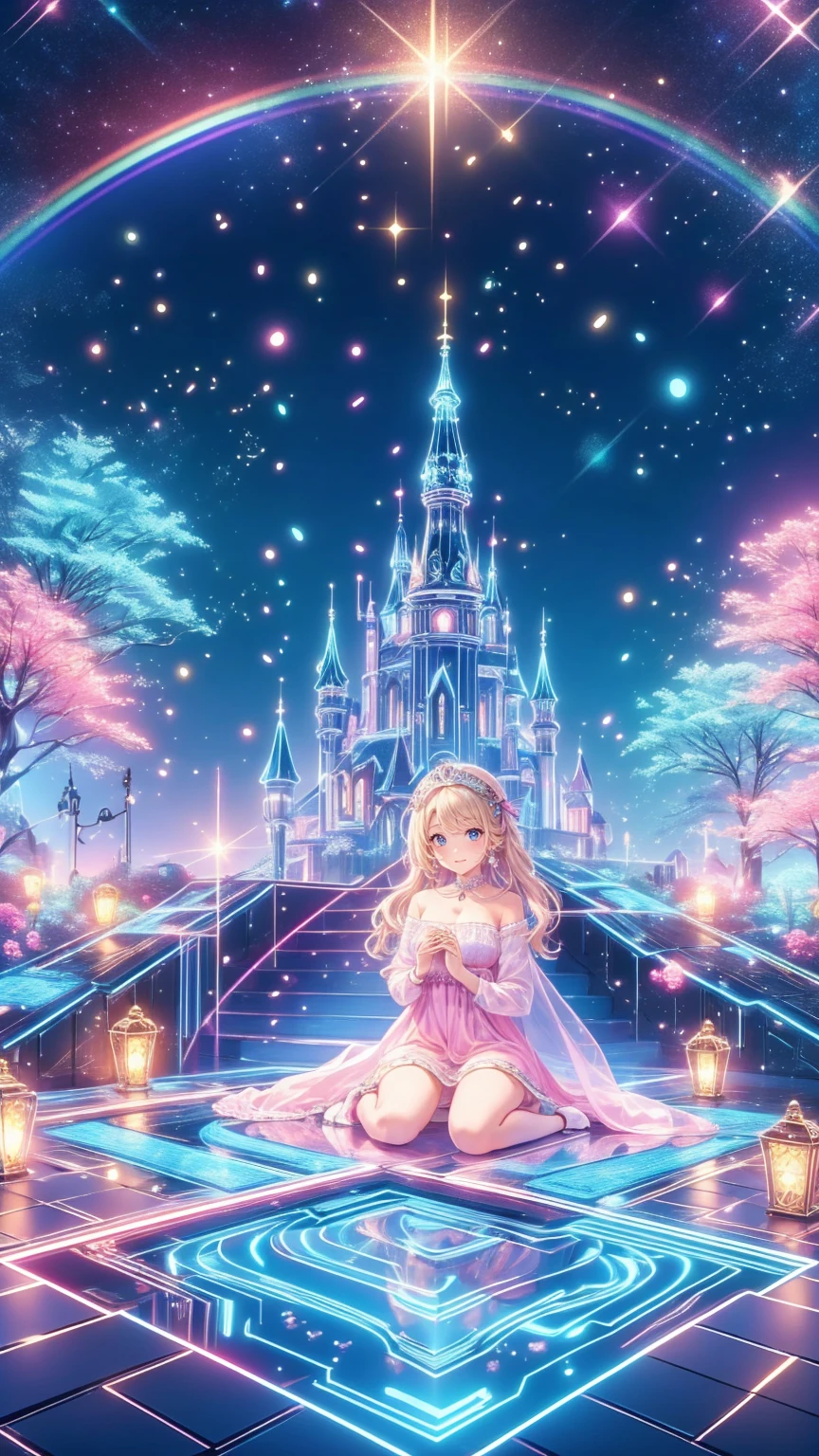 (8k,  top quality,   masterpiece  : 1.2),   ultra high definition ,,  Marie Antoinette ,  super detailed face ,fine grain,  entrance to the castle's basement slightly ,( blonde alone), long hair, Wavy hair in front of the station , break,Rococo Ruffle Dress,Long sleeve dress,  dress for lying on a wooden boat has a long skirt ,  Baroque Dress  ,   intricate fantasy dress  , Luxurious and glamorous dress ,   romantic dress, Frilled outfit  ,lottery, Data Style, Formal Wear, Fancy Fashion, palate colors include  pink and white,( pink:1.5),Class A Smile,Gold Tiara,   Necklaces  , sit in a luxurious chair,   You Need to Touch Your Hands   ,(  rainbow light  :1.4),,  the side face of a person looking out of the window  , Rosebush is reflected in the window  ,(Inside Victoria Palace)、Her eyes are shining、今彼女の blonde aloneの髪は腰まで伸びている、Rose-colored gradation and three, 薄い pinkのロック. 彼女は花柄の装飾が施されたGold Tiaraを着用し、  Matching earrings    , white flower choker. 彼女は金色のボタンで縁取られたフリル付きの白いストライプの pinkのトップを着ている,  The white sleeves are in the shape of a bud  ..   with a magenta ribbon flowing out of her chest  ..、 tied at the back of her neck 、Matching chest piece, Decorated with flowers.  her frilly skirt is separated by a white line ,  Fastened with a large magenta ribbon 、Decorated with gold,   There is a small ribbon on the back  . Her mini skirt、薄い pinkのマゼンタの貝殻状の裏地と白い花のペチコートでできている. 彼女は pinkの花がついた白い手袋も着用している, 白と薄い pinkの靴には、ゆるいカフとDecorated with flowersたマゼンタのリボンがある.
