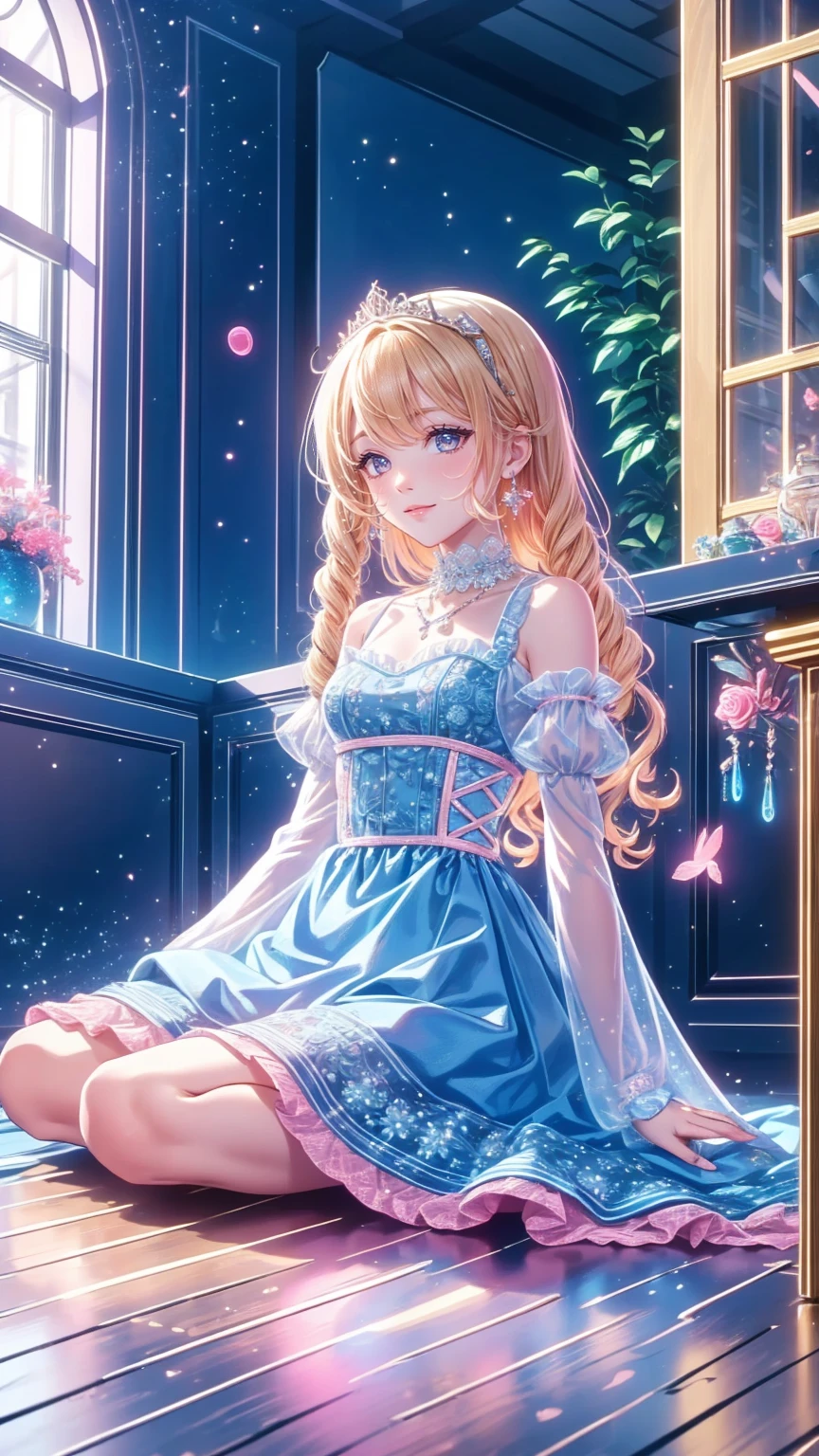 (8k,  top quality,   masterpiece  : 1.2),   ultra high definition ,,  Marie Antoinette ,  super detailed face ,fine grain,  entrance to the castle's basement slightly ,( blonde alone), long hair, Wavy hair in front of the station , break,Rococo Ruffle Dress,Long sleeve dress,  dress for lying on a wooden boat has a long skirt ,  Baroque Dress  ,   intricate fantasy dress  , Luxurious and glamorous dress ,   romantic dress, Frilled outfit  ,lottery, Data Style, Formal Wear, Fancy Fashion, palate colors include  pink and white,( pink:1.5),Class A Smile,Gold Tiara,   Necklaces  , sit in a luxurious chair,   You Need to Touch Your Hands   ,(  rainbow light  :1.4),,  the side face of a person looking out of the window  , Rosebush is reflected in the window  ,(Inside Victoria Palace)、Her eyes are shining、今彼女の blonde aloneの髪は腰まで伸びている、Rose-colored gradation and three, 薄い pinkのロック. 彼女は花柄の装飾が施されたGold Tiaraを着用し、  Matching earrings    , white flower choker. 彼女は金色のボタンで縁取られたフリル付きの白いストライプの pinkのトップを着ている,  The white sleeves are in the shape of a bud  ..   with a magenta ribbon flowing out of her chest  ..、 tied at the back of her neck 、Matching chest piece, Decorated with flowers.  her frilly skirt is separated by a white line ,  Fastened with a large magenta ribbon 、Decorated with gold,   There is a small ribbon on the back  . Her mini skirt、薄い pinkのマゼンタの貝殻状の裏地と白い花のペチコートでできている. 彼女は pinkの花がついた白い手袋も着用している, 白と薄い pinkの靴には、ゆるいカフとDecorated with flowersたマゼンタのリボンがある.
