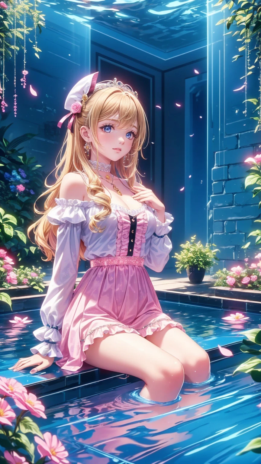 (8k,  top quality,   masterpiece  : 1.2),   ultra high definition ,,  Marie Antoinette ,  super detailed face ,fine grain,  entrance to the castle's basement slightly ,( blonde alone), long hair, Wavy hair in front of the station , break,Rococo Ruffle Dress,Long sleeve dress,  dress for lying on a wooden boat has a long skirt ,  Baroque Dress  ,   intricate fantasy dress  , Luxurious and glamorous dress ,   romantic dress, Frilled outfit  ,lottery, Data Style, Formal Wear, Fancy Fashion, palate colors include  pink and white,( pink:1.5),Class A Smile,Gold Tiara,   Necklaces  , sit in a luxurious chair,   You Need to Touch Your Hands   ,(  rainbow light  :1.4),,  the side face of a person looking out of the window  , Rosebush is reflected in the window  ,(Inside Victoria Palace)、Her eyes are shining、今彼女の blonde aloneの髪は腰まで伸びている、Rose-colored gradation and three, 薄い pinkのロック. 彼女は花柄の装飾が施されたGold Tiaraを着用し、  Matching earrings    , white flower choker. 彼女は金色のボタンで縁取られたフリル付きの白いストライプの pinkのトップを着ている,  The white sleeves are in the shape of a bud  ..   with a magenta ribbon flowing out of her chest  ..、 tied at the back of her neck 、Matching chest piece, Decorated with flowers.  her frilly skirt is separated by a white line ,  Fastened with a large magenta ribbon 、Decorated with gold,   There is a small ribbon on the back  . Her mini skirt、薄い pinkのマゼンタの貝殻状の裏地と白い花のペチコートでできている. 彼女は pinkの花がついた白い手袋も着用している, 白と薄い pinkの靴には、ゆるいカフとDecorated with flowersたマゼンタのリボンがある.
