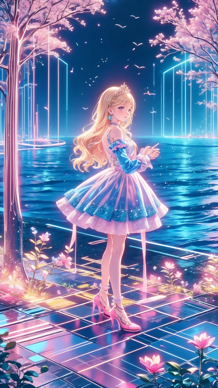 (8k,  top quality,   masterpiece  : 1.2),   ultra high definition ,,  Marie Antoinette ,  super detailed face ,fine grain,  entrance to the castle's basement slightly ,( blonde alone), long hair, Wavy hair in front of the station , break,Rococo Ruffle Dress,Long sleeve dress,  dress for lying on a wooden boat has a long skirt ,  Baroque Dress  ,   intricate fantasy dress  , Luxurious and glamorous dress ,   romantic dress, Frilled outfit  ,lottery, Data Style, Formal Wear, Fancy Fashion, palate colors include  pink and white,( pink:1.5),Class A Smile,Gold Tiara,   Necklaces  , sit in a luxurious chair,   You Need to Touch Your Hands   ,(  rainbow light  :1.4),,  the side face of a person looking out of the window  , Rosebush is reflected in the window  ,(Inside Victoria Palace)、Her eyes are shining、今彼女の blonde aloneの髪は腰まで伸びている、Rose-colored gradation and three, 薄い pinkのロック. 彼女は花柄の装飾が施されたGold Tiaraを着用し、  Matching earrings    , white flower choker. 彼女は金色のボタンで縁取られたフリル付きの白いストライプの pinkのトップを着ている,  The white sleeves are in the shape of a bud  ..   with a magenta ribbon flowing out of her chest  ..、 tied at the back of her neck 、Matching chest piece, Decorated with flowers.  her frilly skirt is separated by a white line ,  Fastened with a large magenta ribbon 、Decorated with gold,   There is a small ribbon on the back  . Her mini skirt、薄い pinkのマゼンタの貝殻状の裏地と白い花のペチコートでできている. 彼女は pinkの花がついた白い手袋も着用している, 白と薄い pinkの靴には、ゆるいカフとDecorated with flowersたマゼンタのリボンがある.
