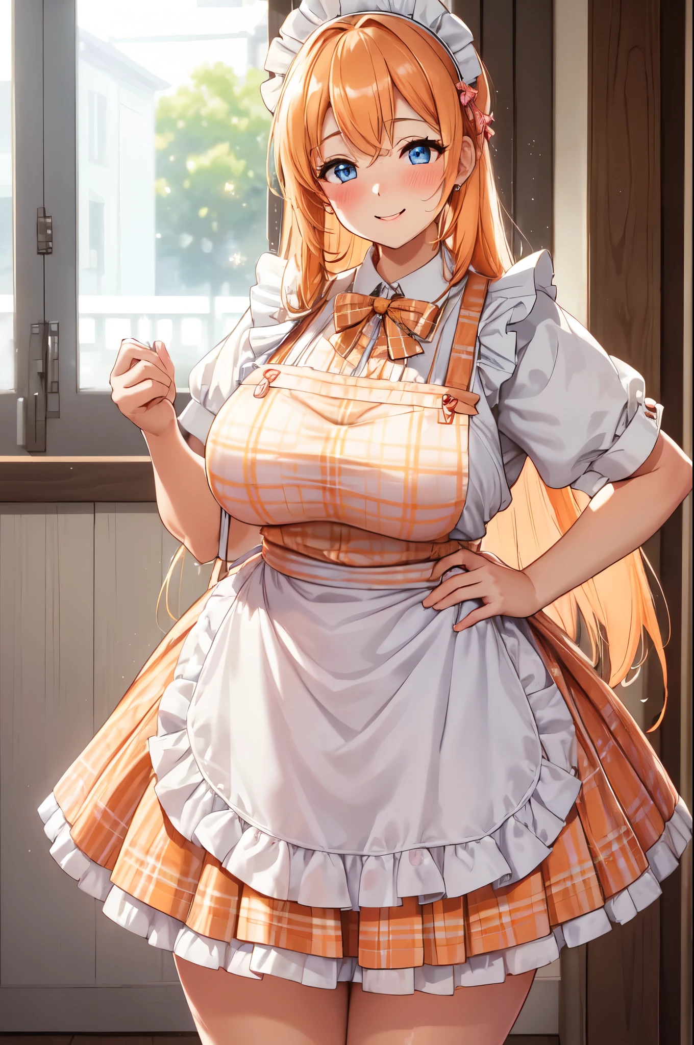 (High quality, High resolution, Fine details), Pastel-colored store interior, (light orange plaid maid's outfit), maid apron, frilly skirt, solo, adult women, sparkling eyes, (Detailed eyes:1.2), big smile, blush, Sweat, Oily skin, Soft tones, shallow depth of field