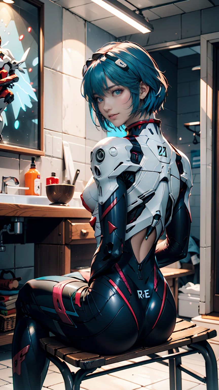 Beautiful woman colored hair, laying down cross-legged sexy leather clothes long breasts cyberpunk style realistic detailed, ghost in the shell futuristic