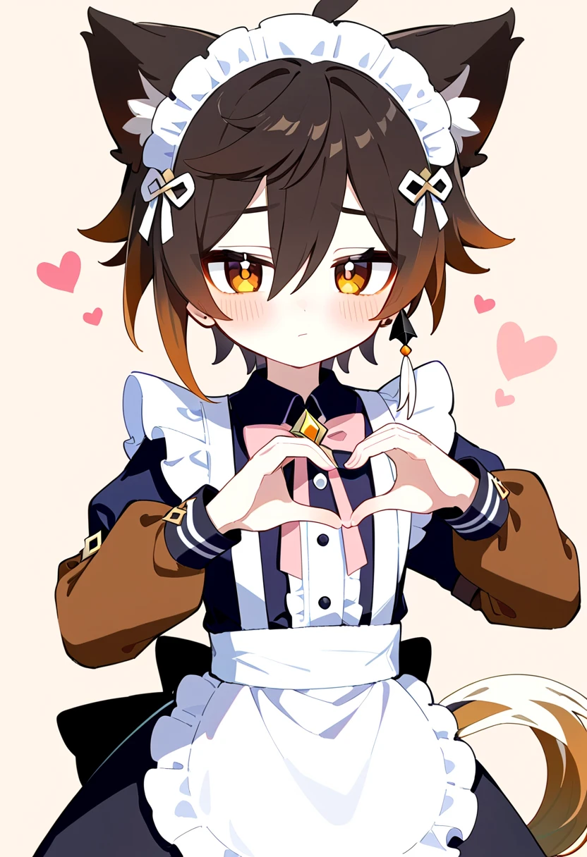 masterpiece, best quality, extremely detailed, 1boy, male focus, handsome man, solo, Zhongli(Genshin impact), kawaii, maid outfit, long sleeves, heart hands, blush