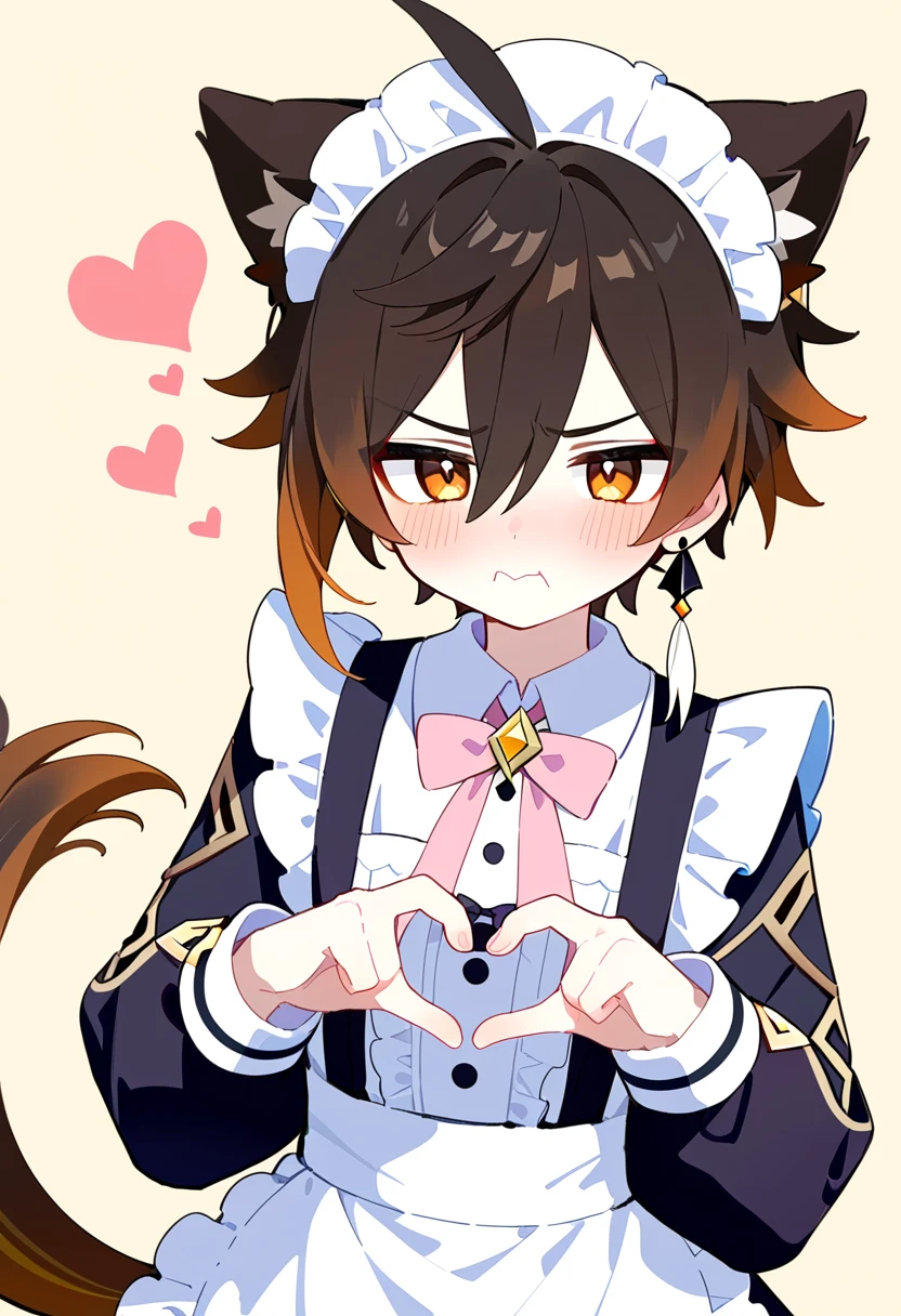 masterpiece, best quality, extremely detailed, 1boy, male focus, handsome man, solo, Zhongli(Genshin impact), kawaii, maid outfit, long sleeves, heart hands, blush, shy, angry