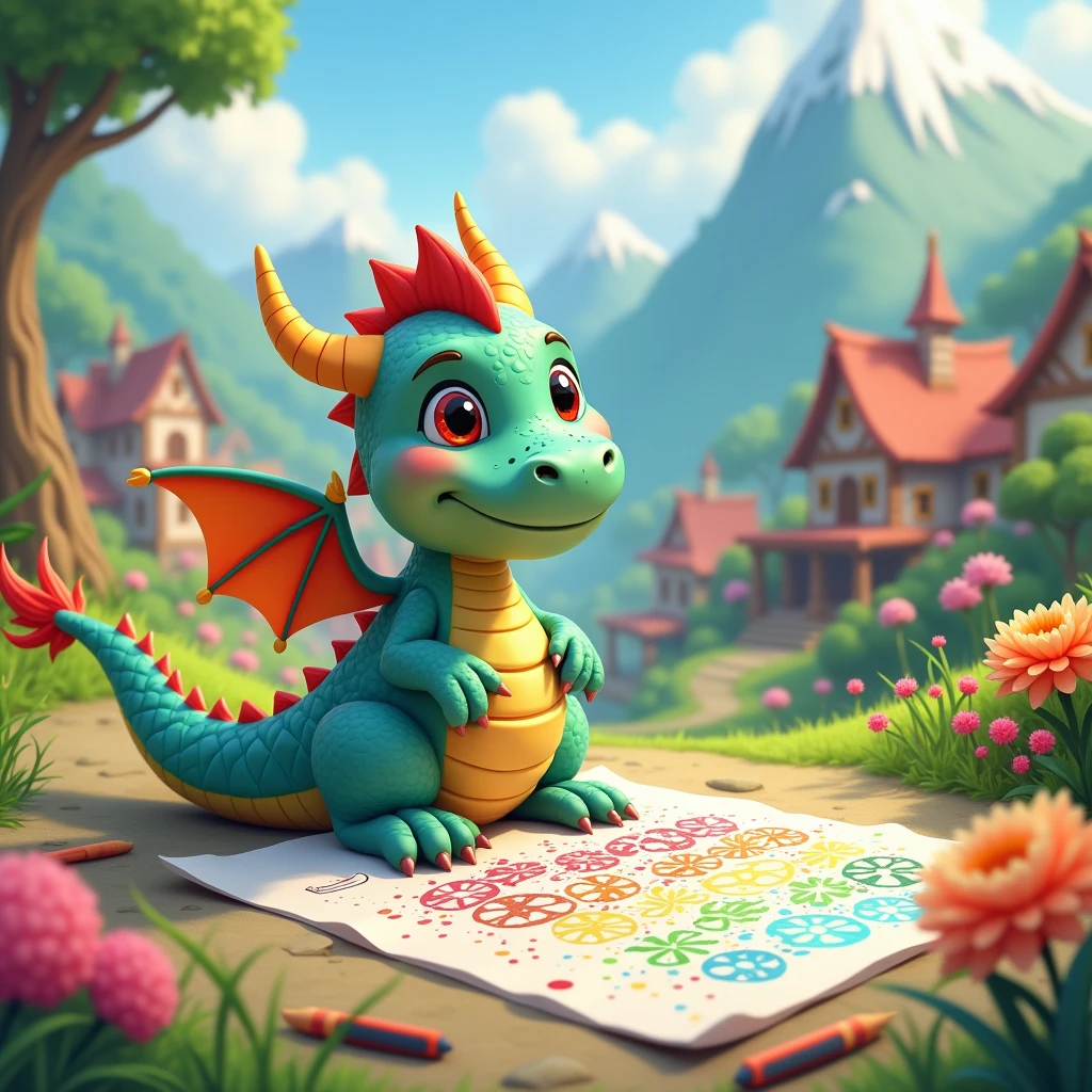 Color coloring with markers on paper, an image of a cartoon with a cute little dragon and a cartoon village showing mountains and flowers, 8 k,  best quality ,  Maximum Details ,  masterpiece fails,