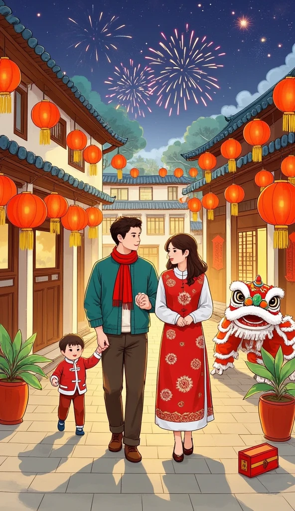  vector style illustration  ,  depicting the Spring Festival ， Young Couple ， traditional street ， red lantern 、Fashion、hat、child、firecracker、lion dance， sound of bells and drums ，Fireworks，Couplet ，Character 、 window paper cutting 、romantic、happiness。  overall calmness and joy ， embodies China The peace and excitement of the Spring Festival ， perfectly blending traditional and modern vector styles， show the unique charm of the Chinese Lunar New Year 