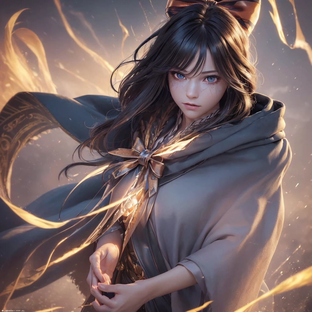 1girl, solo focus, child, Hermione Granger,realistic, in long hogwarts robes, casting a spell, waving her wand with golden particle effects, lumos maxima against a skeleton soldier in a dark cave, cinematic lighting, trending on ArtStation, by Irakli Nadar, Greg Rutkowski,(((best quality))),(((ultra detailed))),(((masterpiece)))