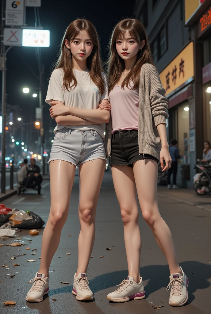 nsfw, low ambient light, flash, super detailed, photorealistic, 2girl, (beautiful girl, street prostitute, illegal), full body, korean girl,
(high resolution, masterpiece, highest quality:1.4), realistic, photo, amazing detail, 8k, high resolution, amazing many layers,
2girl, beautiful girls, Toyoko s, begging girls, poor girls, runaway girls, menhera girls, colorful, two standing side by side, two with different heights, one is a bit chubby, one has a lot of freckles, two have different hairstyles, one has super big boobs, one has a super mini skirt, one is wet,
girls wear simple casual wear of their own choice,
girls wear gothic lolita clothes,
girls wear hairstyles of their own choice,
girls are dirty,
girls' clothes are worn out,
girls' clothes are dirty,
girls' clothes are damaged,
girls wear cheap hair accessories, They are wearing cheap necklaces, cheap bracelets, cheap anklets,
the girls are carrying dirty carrier bags,
the girls are carrying shopping bags full of plastic bottles and snacks,
they are carrying smartphones, freckles,
one of them has urine stains on her bottoms,
two are fighting over a homeless man,
one is leaking urine,
one has her clothes pulled up to expose her breasts,
downtown at night, a park at night,
garbage scattered on the street,