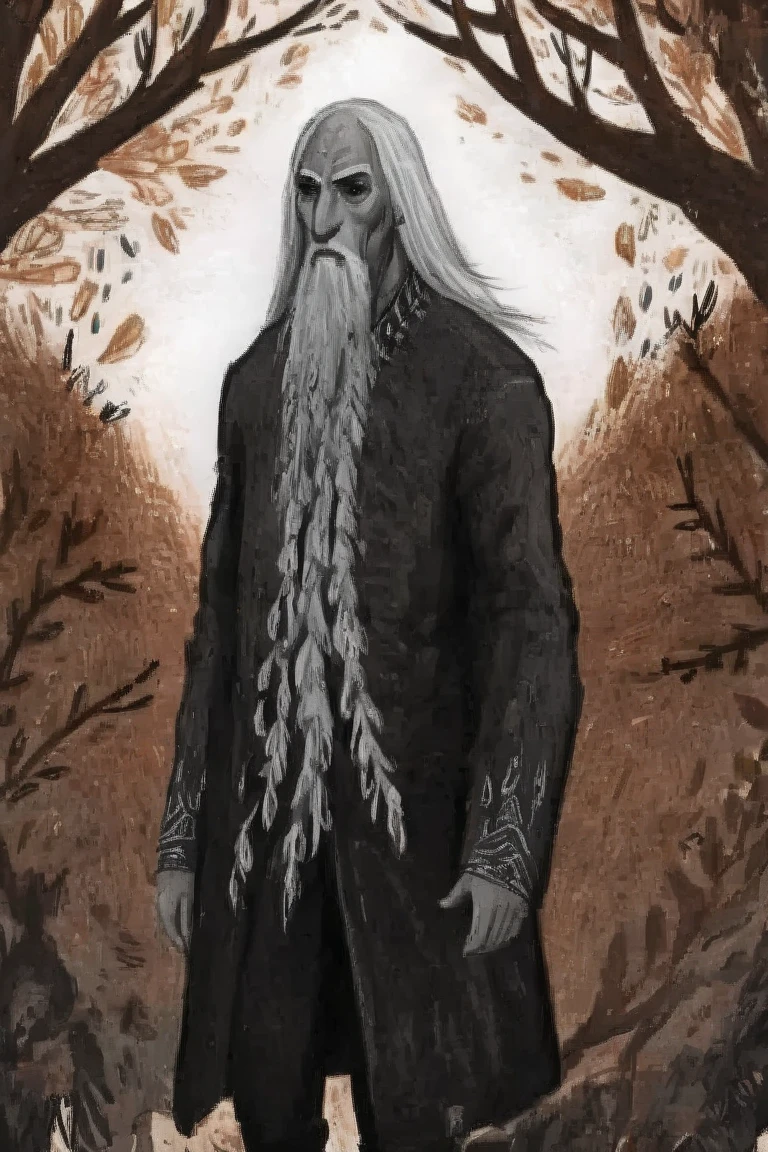 2D ART, hyper detailed gouache painting, illustration, gougoupaintleaves style, portrait of a man, 1boy, solo, long_hair, braided brown hair, high_ponytail_hairstyle, male_drow:1.5, dark elf, black eyes, black_sclera, detailed face, handsome features, dark medieval tunic, pointy ears, standing in a dark forest, pov from_below, frontal full body shot, on simple white background, full body shot, very detailed, ren's picture books