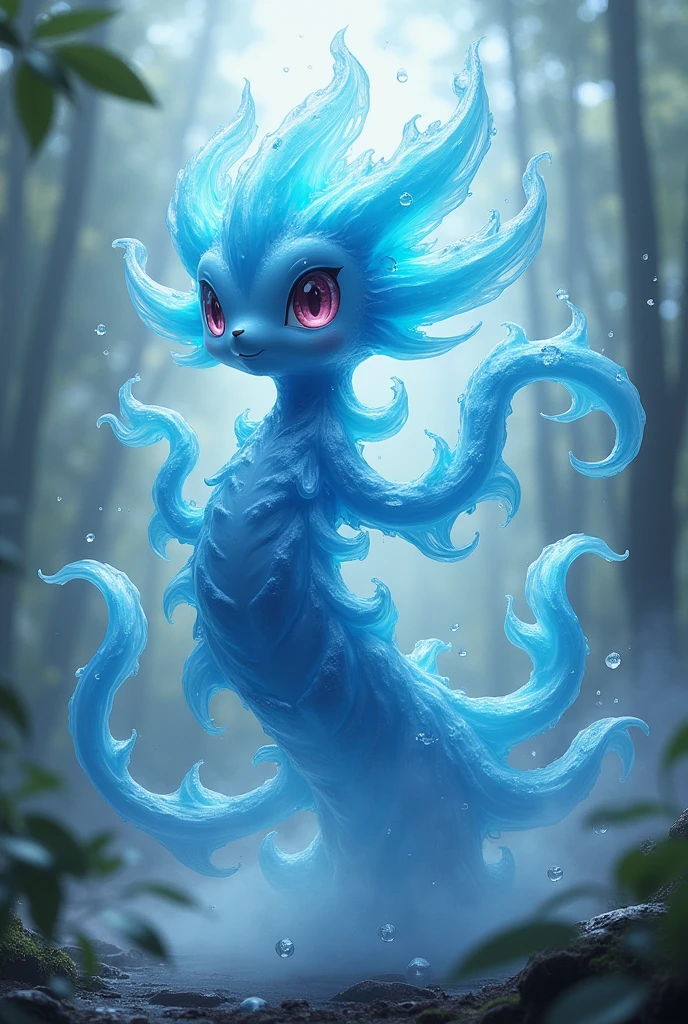 Create a picture of a wind element monster, baby animal., The body is transparent and can be seen through. The image is sharp and detailed., with beautiful colors.. With arms, leg, eyes, mouth, พื้นหลังสีlegว