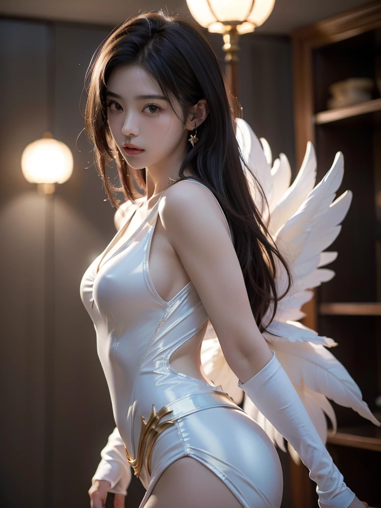 (Game ace:1.5,rotary symmetrical),Angel element art,(cowboy lens),Minimalist composition,the elf,Female magician,Delicate crystal headdress,Exquisite crystal armor,Electroluminescence,Dreamy glow,Conceptual digital art,white colors,(The is very detailed,Reasonable design,Clear lines,High clarity,The best quality,tmasterpiece,4K)