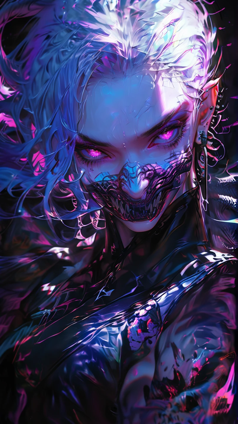a completely white demonic creature, plains of multicolored flowers, luminous flowers, flowers growing on skin, monstrous man, large multicolored eyes, bald head, skull covered in small horns, (best quality,4k,8k,highres,masterpiece:1.2),ultra-detailed,(realistic,photorealistic,photo-realistic:1.37),HDR,UHD,studio lighting,ultra-fine painting,sharp focus,physically-based rendering,extreme detail description,professional,vivid colors,bokeh,dynamic point of view,cinematic scene,highlighted character,backlighting effects,mystical character,multicolored cracks on skin,full body character view