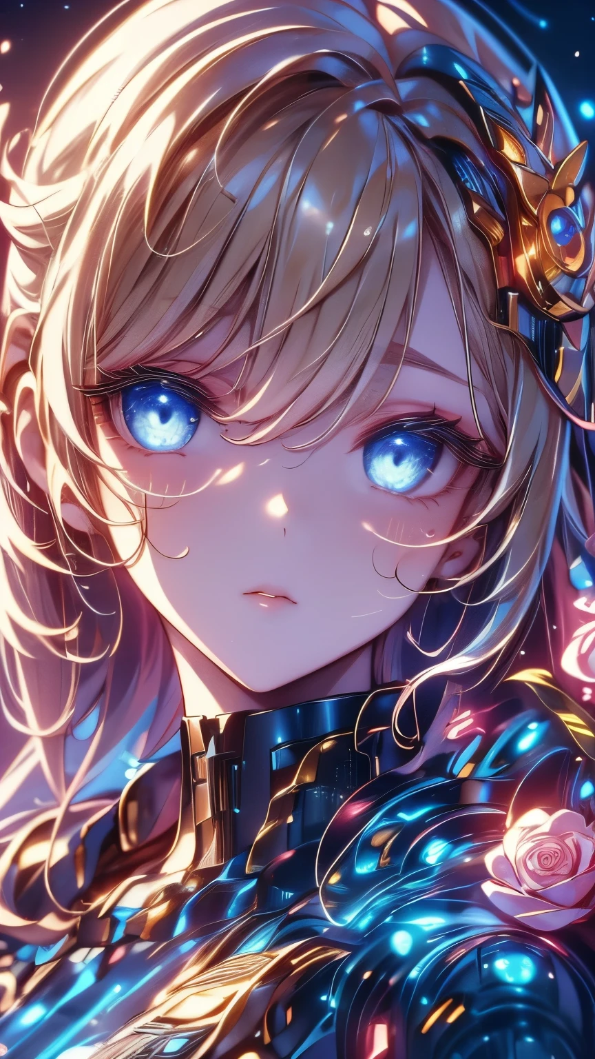 masterpiece , top quality, (Alone focus), ( perfect face:1.1), ( high detail:1.1), ( ultra-detailed eyes sandwiched between columns), dramatic, 1 person, Long Blonde Hair , Psychic Eyes, (Thin eyebrows), Alone, long hair, moon, knight , White Luxury Suit , plump lips , proud look with roof, Detailed Background , Art by artgerm, movie-like lights, Rose, fashion, jumping, acrobatic pose,