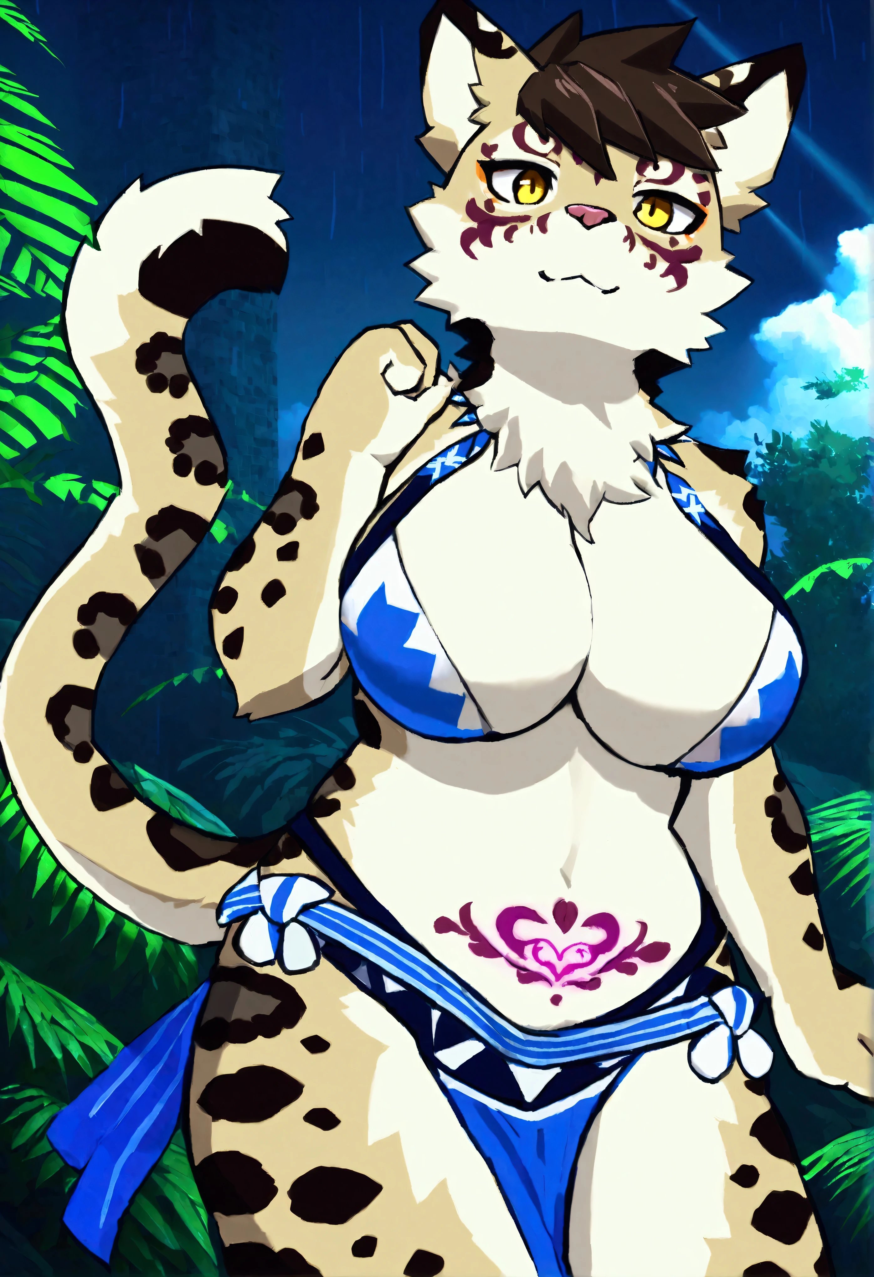 (top quality, best quality, Atlyss style, High-quality illustrations, masterpiece, perfect artwork, cinematic light and shading, 16k, 1080p, uploaded on e621)(kemono, furry, anthro, alone), 1 larger female, (very detailed body, face, tail, arms, hands, legs, head and eyes), cloud leopard, Likulau, (Nekojishi), slightly chubby body, womb tattoo on body, big breasts, fur, fluffy, cloud leopard ears, cloud leopard fluffy tail, cloud leopard cute brown hair, perfect eyes, yellow eyes, black pupils, beautiful tribe clothes, in rain forest, raining, night, body movement, body twitching, looking at viewer
