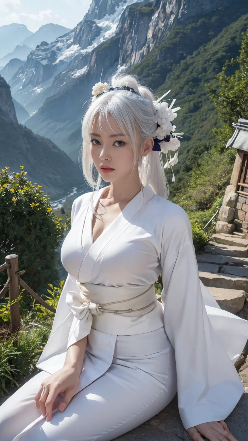 A female ninja ambushes the roof of a building,Armed with a Jedi lightsaber and aim at the enemy,Battle background,Hyper-detail photography,Mattire,Golden ratio, Korean woman、Youthful、white under lingerie、Short skirt with purple floral flowers、Open navel、long white hair、Tall guy、Black hair color、full bodyesbian、photorealestic、skin highlights、large eyes、perfect anatomia,Reclining,With a smile