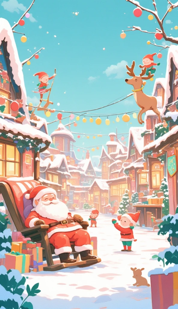 A cute illustration of Santa Claus village. Santa Claus is seen sleeping on his rocking chair while the elves are busy working. The elves are packing presents and playing with the reindeers. The illustration is pastel-colored, giving it a cute and playful expression. The overall color palette is bright and cheerful, with soft pinks, blues, and yellows, creating a fun, lighthearted atmosphere. The entire scene feels charming and magical, as if the village is part of a whimsical, fantasy world.