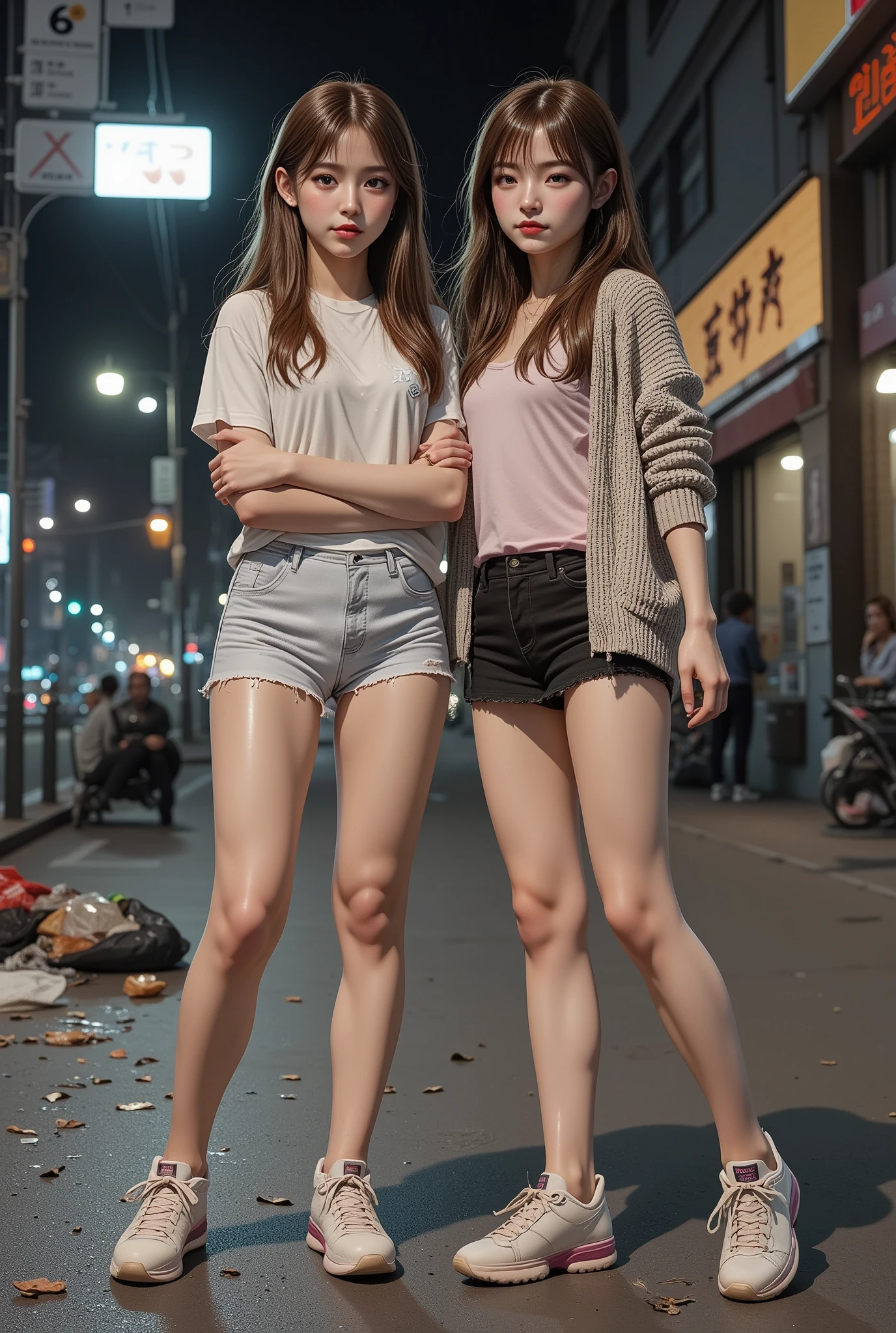 nsfw, low ambient light, flash, super detailed, photorealistic, 2girl, (beautiful girl, street prostitute, illegal), full body, korean girl,
(high resolution, masterpiece, highest quality:1.4), realistic, photo, amazing detail, 8k, high resolution, amazing many layers,
2girl, beautiful girls, Toyoko s, begging girls, poor girls, runaway girls, menhera girls, colorful, two standing side by side, two with different heights, one is a bit chubby, one has a lot of freckles, two have different hairstyles, one has super big boobs, one has a super mini skirt, one is wet,
girls wear simple casual wear of their own choice,
girls wear gothic ta clothes,
girls wear hairstyles of their own choice,
girls are dirty,
girls' clothes are worn out,
girls' clothes are dirty,
girls' clothes are damaged,
girls wear cheap hair accessories, They are wearing cheap necklaces, cheap bracelets, cheap anklets,
the girls are carrying dirty carrier bags,
the girls are carrying shopping bags full of plastic bottles and snacks,
they are carrying smartphones, freckles,
one of them has urine stains on her bottoms,
two are fighting over a homeless man,
one is leaking urine,
one has her clothes pulled up to expose her breasts,
downtown at night, a park at night,
garbage scattered on the street,
