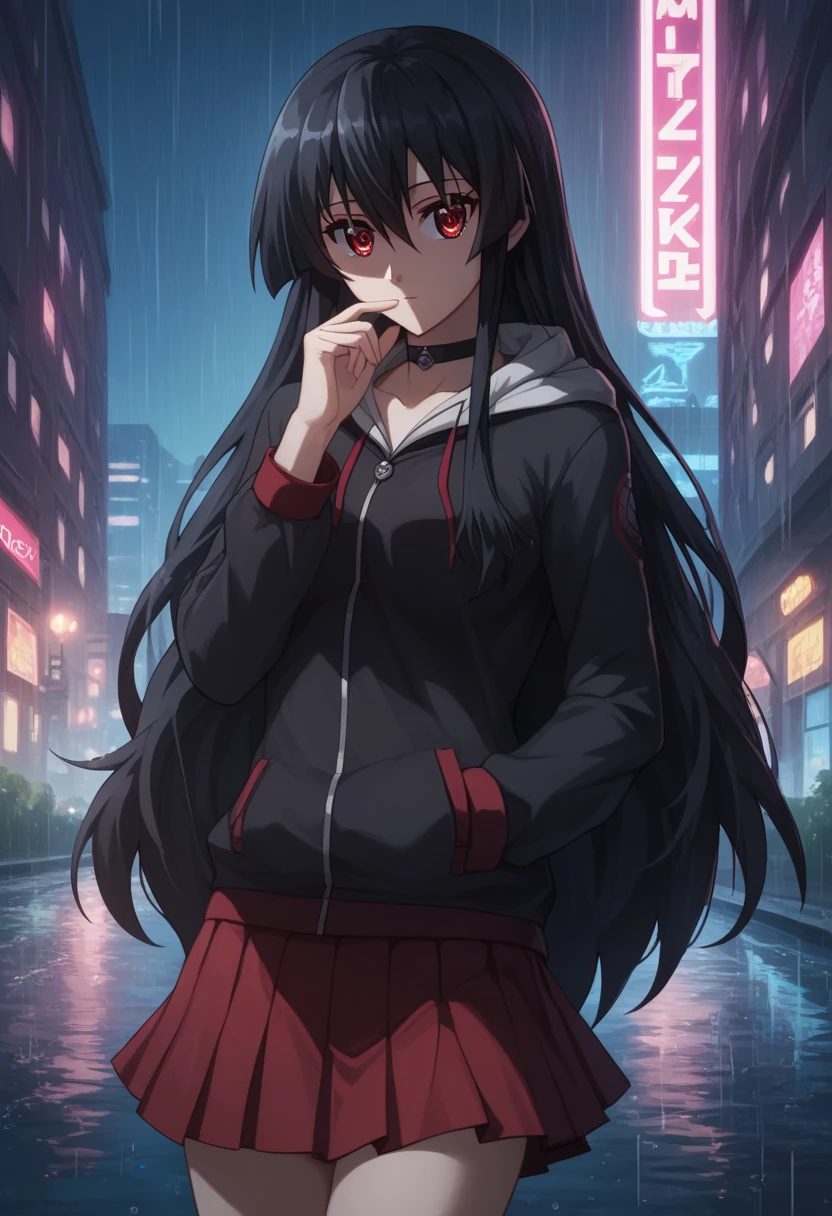 (masterpiece:1.2), best quality, high resolution, unity 8k wallpaper, (illustration:0.8), (beautiful detailed eyes:1.6), extremely detailed face, perfect lighting, extremely detailed CG, (perfect hands, perfect anatomy),1girl, solo,akame, long hair, black hair, red eyes, hair between eyes,BREAK black hoodie, choker, hood, hoodie, pleated skirt, skirt, red skirt,BREAK outdoors, city, sky, raining,BREAK looking at viewer, (cowboy shot:1.5),