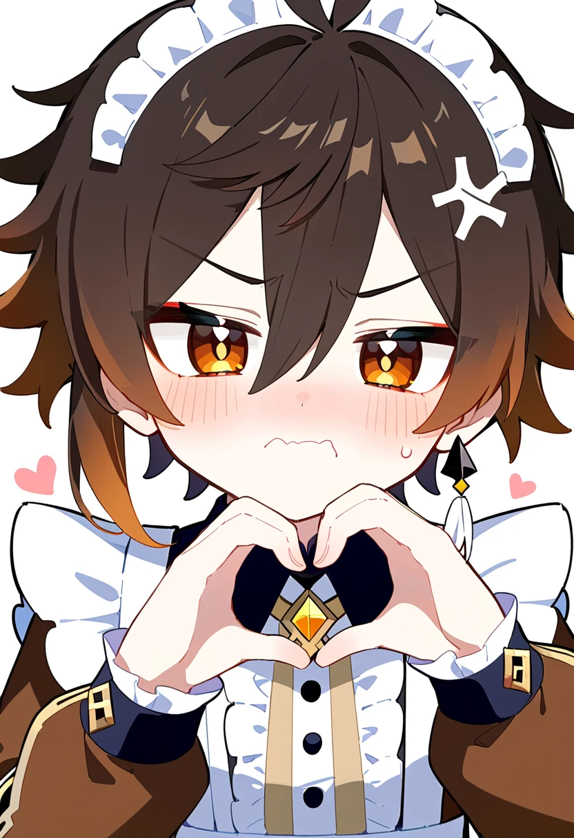 masterpiece, best quality, extremely detailed, 1boy, male focus, handsome man, solo, Zhongli(Genshin impact), kawaii, maid outfit, long sleeves, heart hands, blush, shy, angry