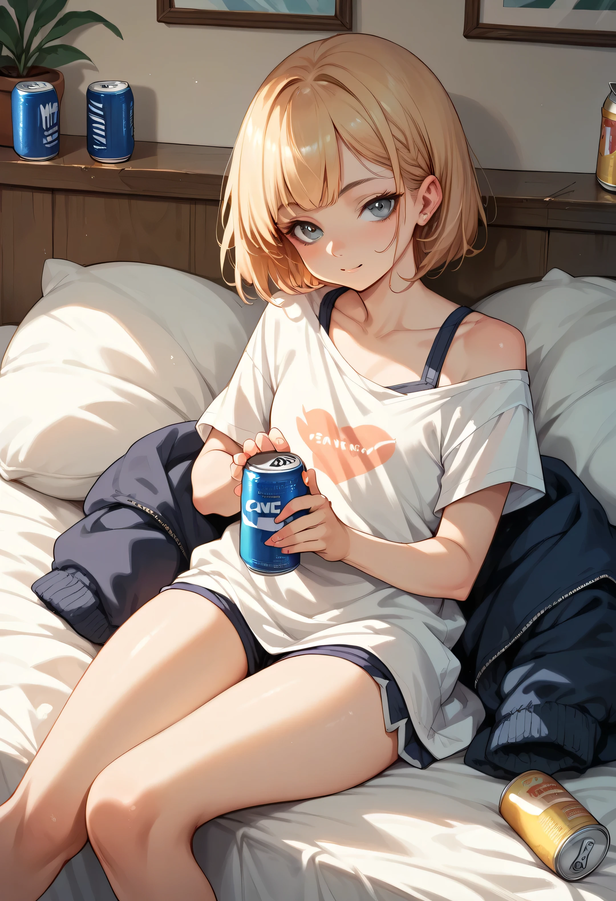 a young girl holds a can in each hand while sitting on her bed, 1girl, can, solo