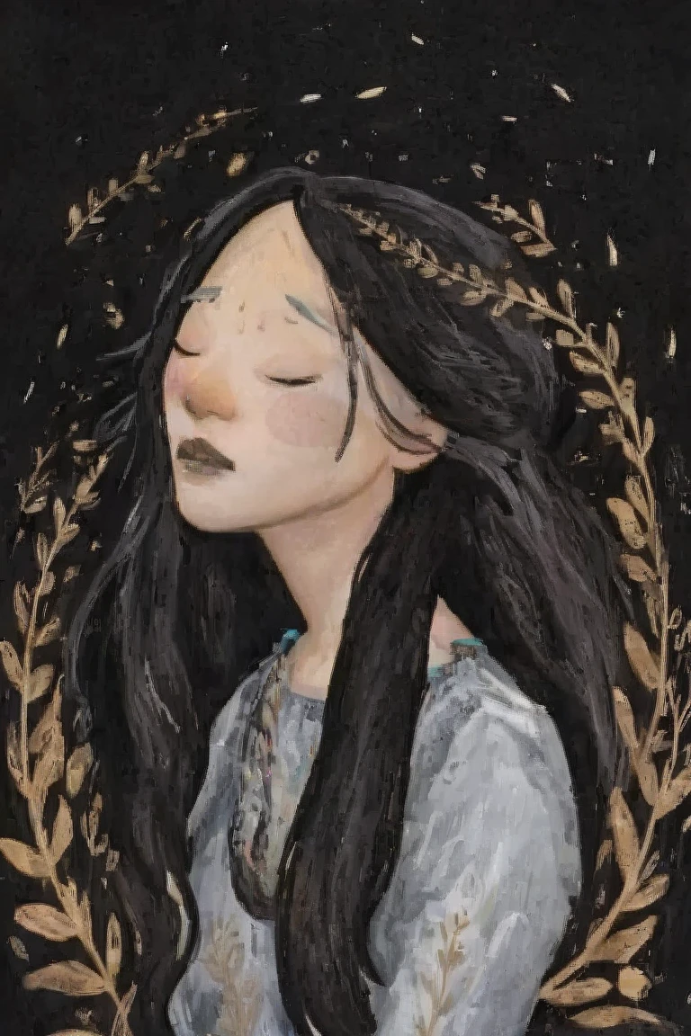 2D ART, hyper detailed gouache painting, illustration, gougoupaintleaves style, portrait of a man, 1boy, solo, long_hair, braided brown hair, high_ponytail_hairstyle, male_drow:1.5, dark elf, sleeping:1.5, closed eyes:1.5, detailed face, handsome features, dark medieval tunic, pointy ears, pov from extreme above, frontal full body shot, night, half moon and stars, full body shot, very detailed, picture books