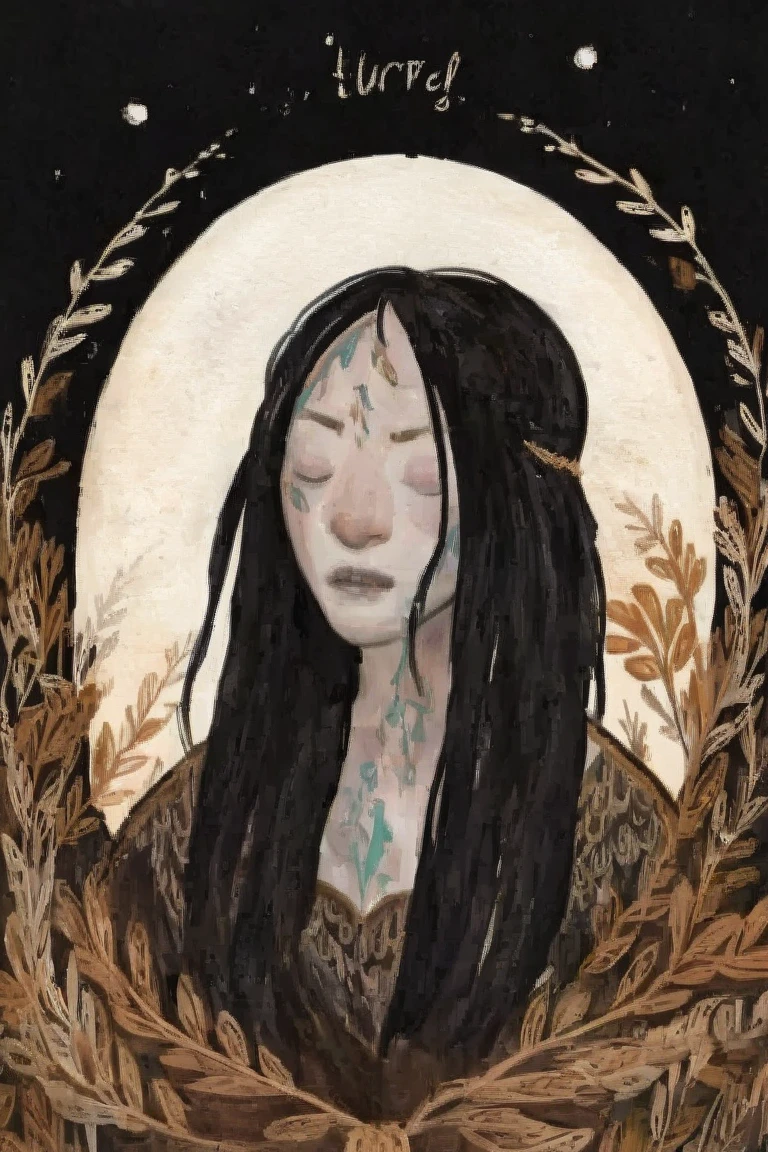 2D ART, hyper detailed gouache painting, illustration, gougoupaintleaves style, portrait of a man, 1boy, solo, long_hair, braided brown hair, high_ponytail_hairstyle, male_drow:1.5, dark elf, sleeping:1.5, closed eyes:1.5, detailed face, handsome features, dark medieval tunic, pointy ears, pov from extreme above, frontal full body shot, night, half moon and stars, full body shot, very detailed, picture books