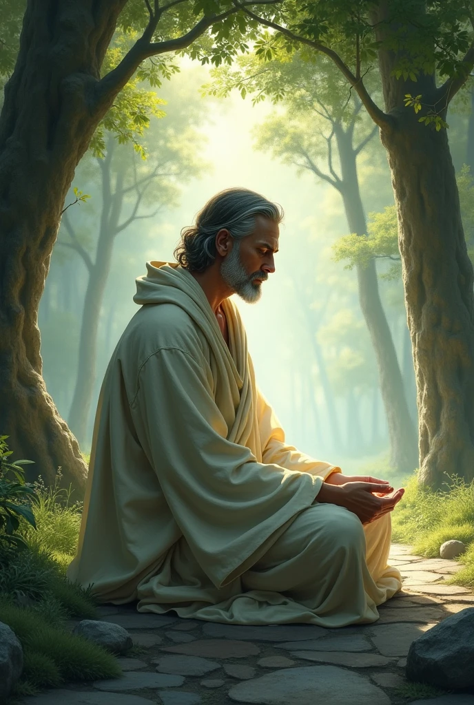A psalmist in biblical times asking for supplication in cry to God, Kneeling praying with both hands outstretched open upwards, in a beautiful paradisiacal forest with many trees, at night but with a bright moonlight illuminating it