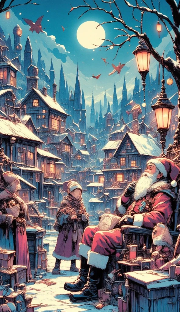 A cute illustration of Santa Claus village. Santa Claus is seen sleeping on his rocking chair while the elves are busy working. The elves are packing presents and playing with the reindeers. The illustration is pastel-colored, giving it a cute and playful expression. The overall color palette is bright and cheerful, with soft pinks, blues, and yellows, creating a fun, lighthearted atmosphere. The entire scene feels charming and magical, as if the village is part of a whimsical, fantasy world.