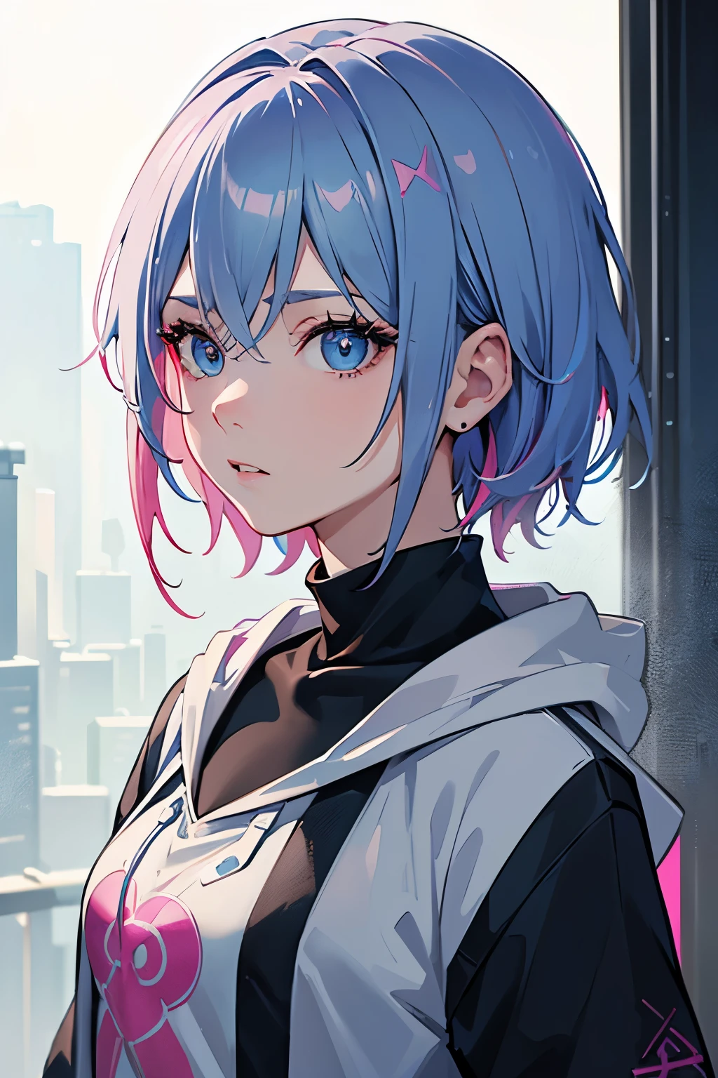 masterpiece, best quality, 1girl, blue hair with pink highlights, short hair, hime cut, blue eyes, hoodie, techwear, close up, upper body, mugshot, detailed eyes, detailed facial features, realistic and high resolution (best quality, 4k, 8k, highres, masterpiece:1.2)