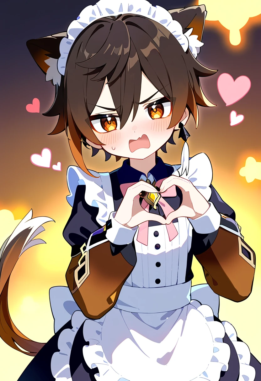 masterpiece, best quality, extremely detailed, 1boy, male focus, handsome man, solo, Zhongli(Genshin impact), kawaii, maid outfit, long sleeves, blush, angry, heart hands, 