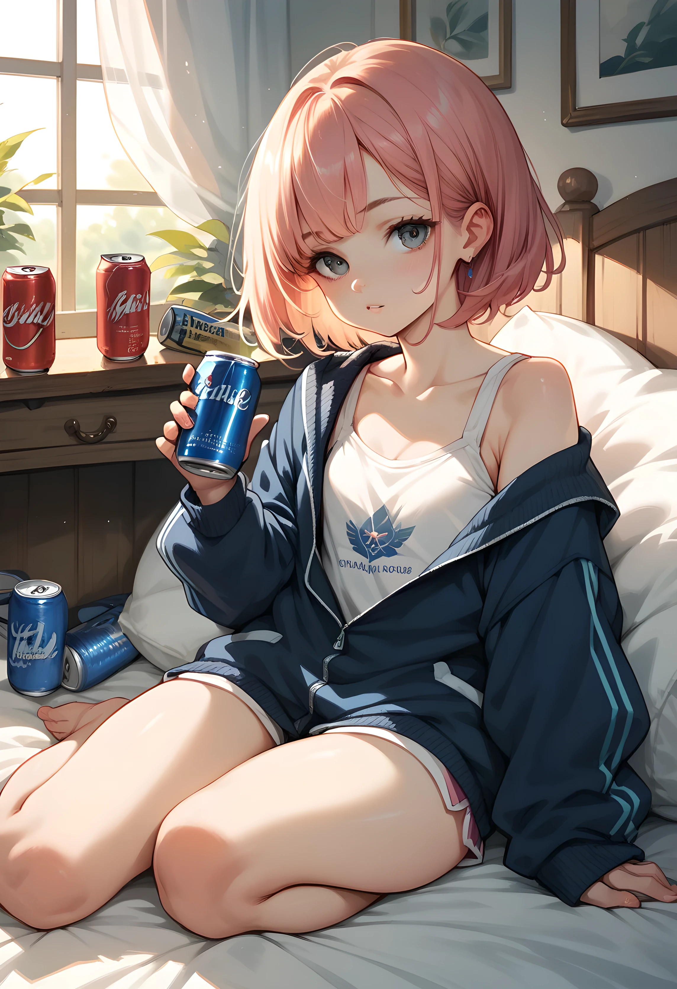 a young girl holds a can in each hand while sitting on her bed, 1girl, can, solo