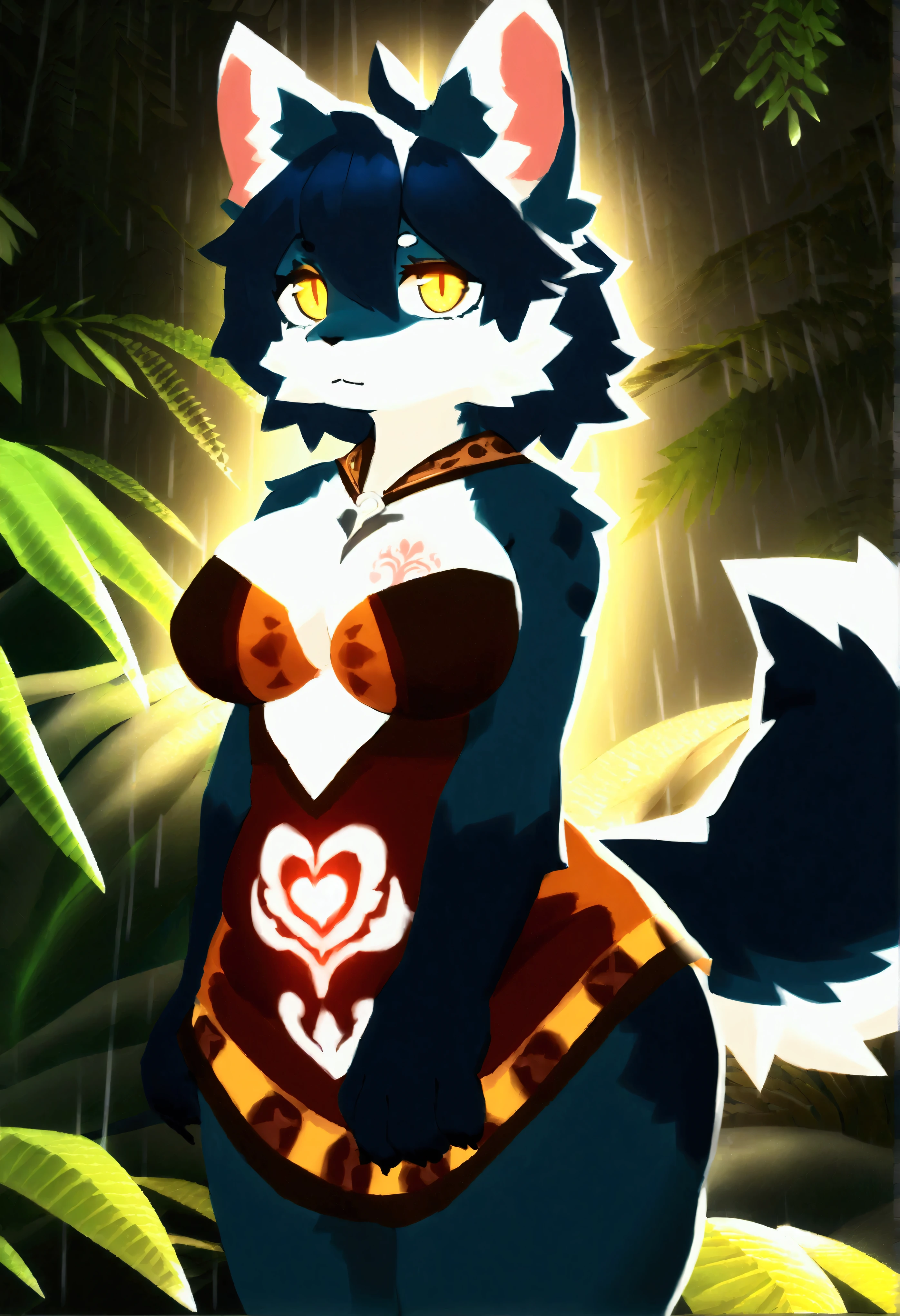 (top quality, best quality, Atlyss style, High-quality illustrations, masterpiece, perfect artwork, cinematic light and shading, 16k, 1080p, uploaded on e621)(kemono, furry, anthro, alone), 1 larger female, (very detailed body, face, tail, arms, hands, legs, head and eyes), poon, (Atlyss), slightly chubby body, womb tattoo on body, big breasts, fur, fluffy, poon earpoon fluffy tail, poon cute hair, perfect eyes, yellow eyes, black pupils, beautiful tribe clothes, in rain forest, raining, night, body movement, body twitching, looking at viewer