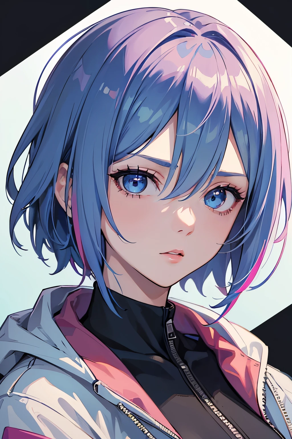 masterpiece, best quality, 1girl, blue hair with pink highlights, short hair, hime cut, blue eyes, racing suit, hoodie, close up, upper body, mugshot, mature, detailed eyes, detailed facial features, realistic and high resolution (best quality, 4k, 8k, highres, masterpiece:1.2)