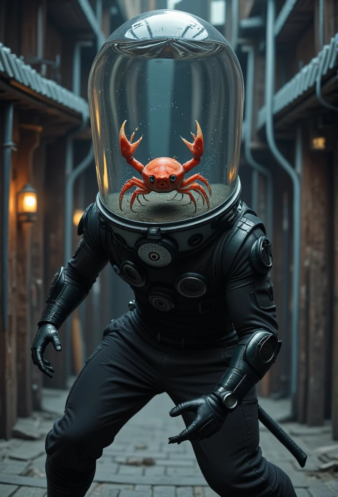 A dynamic ninja stands poised in a battle stance, his sleek black body armor reflecting the dim light. Instead of a normal head, he has a transparent fish tank as his head, filled with water. Inside the tank, a small, furious crab is swimming aggressively, its claws raised high as if ready to fight. The ninja's body is tense, ready to strike, while the crab mirrors his determination, giving off a comically intense vibe. The background is blurred, emphasizing the action and the surreal nature of the ninja's unusual head. Stylized manga shading highlights the fluid motion and dramatic tension in the scene.