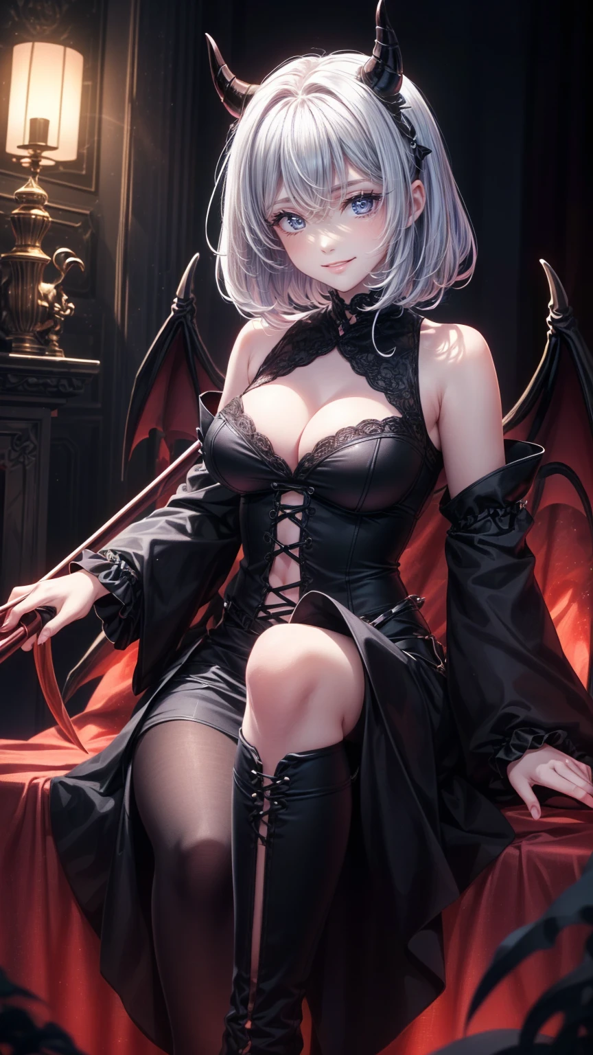 lectern, bodystocking, Kizi, school uniform, school skirt,Open clothes, Breasts,Panties exposed，Bras can be seen，The bra is exposed，Leg to knee，White color hair，Tattooed with，The demons，has horns on its head，Blushing，Bats fly around，the night，rosette，rays of moonlight，8K，Semen on the face，Lewd expression，exposed ，Exposed genitals，Succubus Pattern