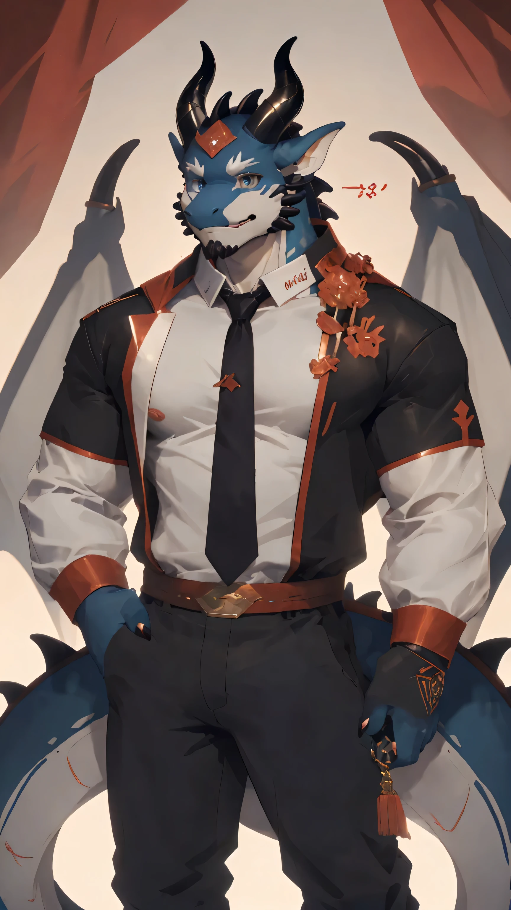 masterpiece，最 high quality，16k， very detailed ， exquisite details ，Magic Style，male， Ultra High Resolution ，( black eye base ),(heterochromic eyes:1.5)， with blood stains on his body ，Academy of Magic ，Cold expression， wear black gloves ， Handsome，Oriental Dragon, (Oriental black dragon ), white fur , black scales ,  furry, Black and white fur,  furry,  sweating ,  meticulous eyes,Big Muscle, Handsome's,( muscular body:1.3),  Handsome, shirt,  high quality,  super detailed， high quality,  high quality,  are of the best quality,  super detailed, ( standing in the room),( blue sky and white clouds),(Dragon Horn),(Dragon Tail), Unique ,((Strong)), from behind perfect proportions , blush,( wearing a gang costume:1.5),(Dragon Claw:1.3),( pink blush.:1.2),More details,CG,