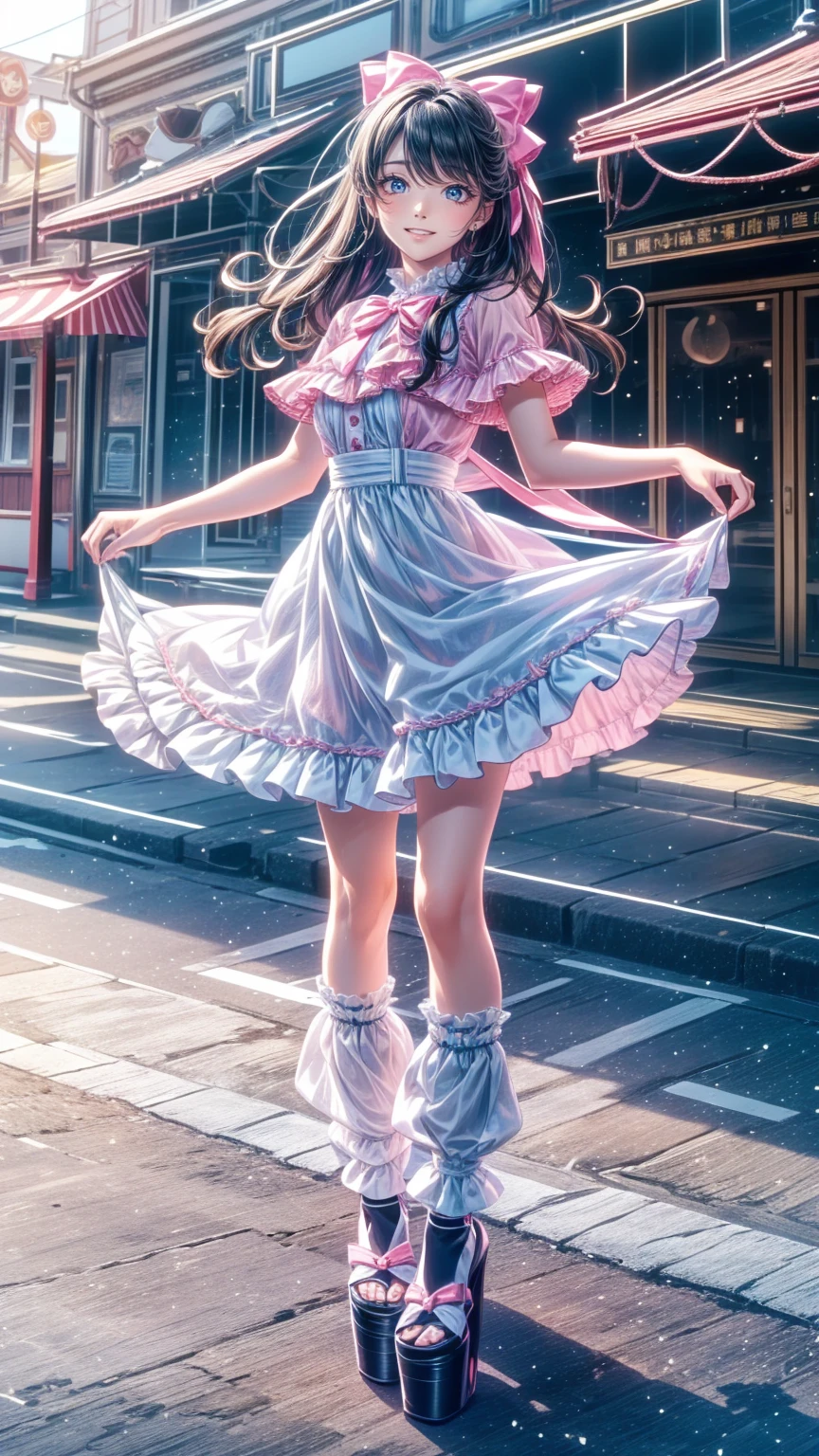   top quality,     masterpiece   ,  realistic , photo realistic , 1people々Girl, 一peopleで, smile,   black hair,   long hair,   standing, whole body, cyb   dress,   dress, pink   dress, layered   dress, frilled   dress, Short sleeve, Bloomers , white Bloomers , ribbon, bowtie, frills, bow,   dress bow,   heart symbol  , hair bow,   hair ornament,   ruffle socks ,   platform heels , amusement park, people々々,   Detailed Background , 