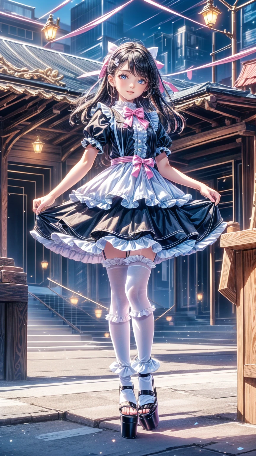   top quality,     masterpiece   ,  realistic , photo realistic , 1people々Girl, 一peopleで, smile,   black hair,   long hair,   standing, whole body, cyb   dress,   dress, pink   dress, layered   dress, frilled   dress, Short sleeve, Bloomers , white Bloomers , ribbon, bowtie, frills, bow,   dress bow,   heart symbol  , hair bow,   hair ornament,   ruffle socks ,   platform heels , amusement park, people々々,   Detailed Background , 