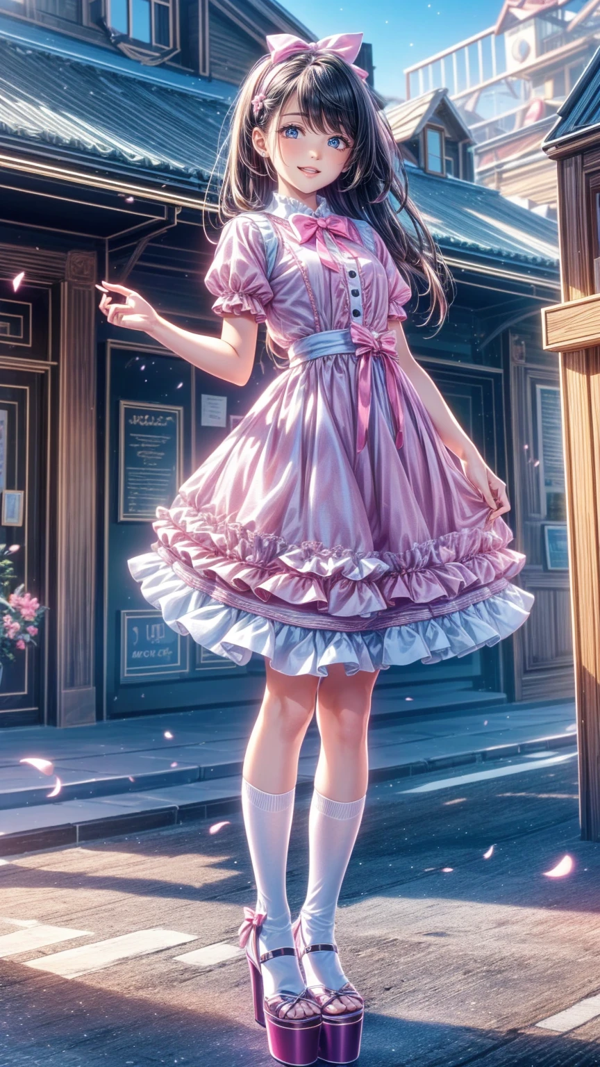   top quality,     masterpiece   ,  realistic , photo realistic , 1people々Girl, 一peopleで, smile,   black hair,   long hair,   standing, whole body, cyb   dress,   dress, pink   dress, layered   dress, frilled   dress, Short sleeve, Bloomers , white Bloomers , ribbon, bowtie, frills, bow,   dress bow,   heart symbol  , hair bow,   hair ornament,   ruffle socks ,   platform heels , amusement park, people々々,   Detailed Background , 