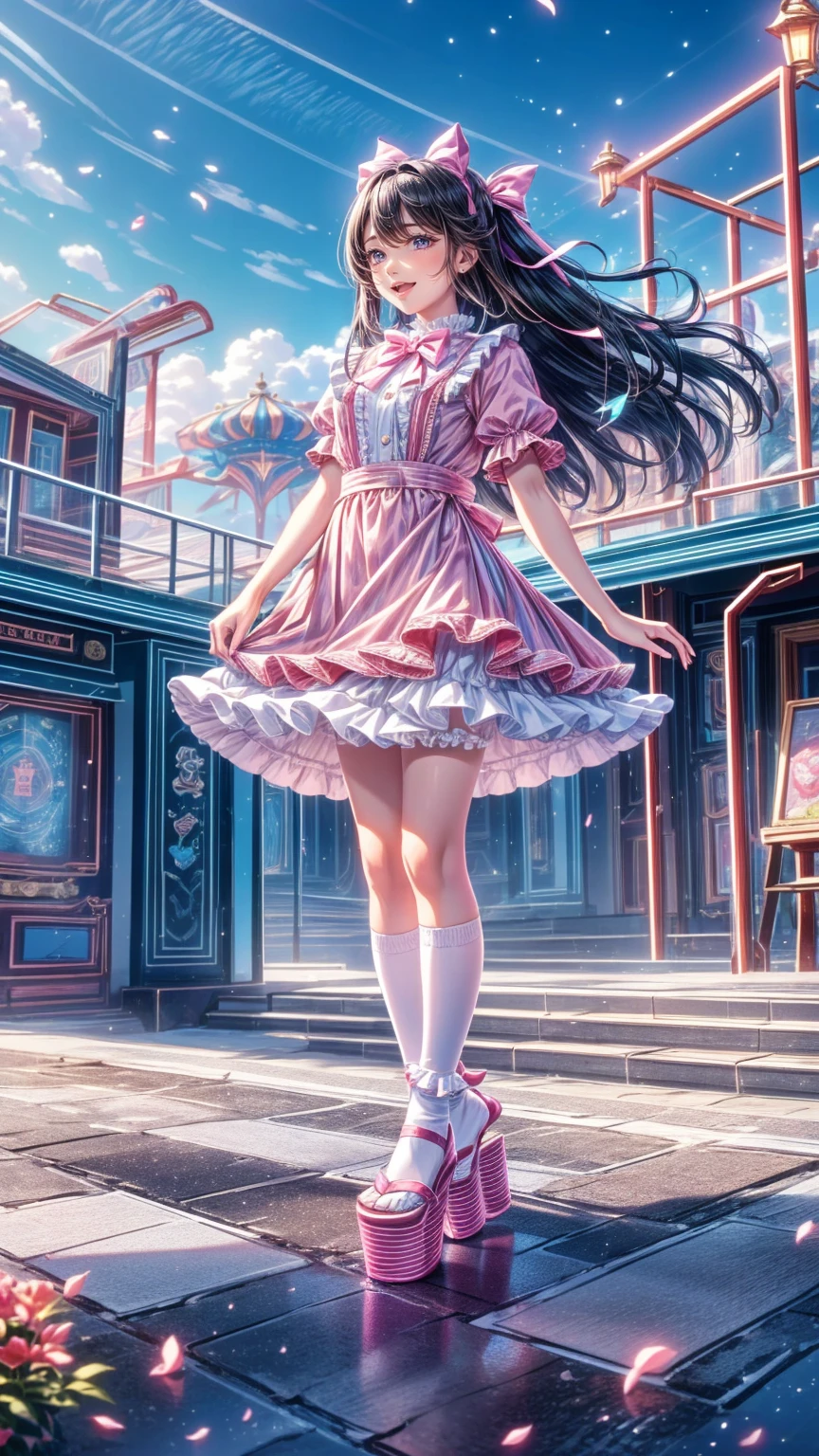   top quality,     masterpiece   ,  realistic , photo realistic , 1people々Girl, 一peopleで, smile,   black hair,   long hair,   standing, whole body, cyb   dress,   dress, pink   dress, layered   dress, frilled   dress, Short sleeve, Bloomers , white Bloomers , ribbon, bowtie, frills, bow,   dress bow,   heart symbol  , hair bow,   hair ornament,   ruffle socks ,   platform heels , amusement park, people々々,   Detailed Background , 