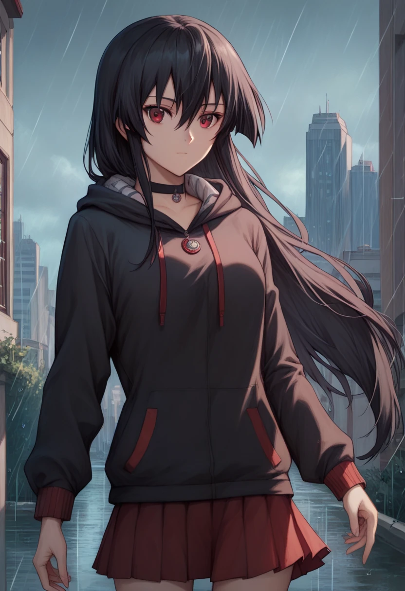 1girl, solo,akame, long hair, black hair, red eyes, hair between eyes,black hoodie, choker, hood, hoodie, pleated skirt, skirt, red skirt,outdoors, city, sky, raining,BREAK looking at viewer, (cowboy shot:1.5)