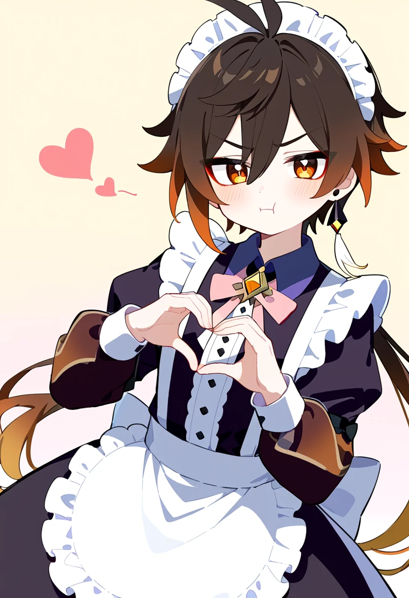 masterpiece, best quality, extremely detailed, 1boy, male focus, handsome man, solo, Zhongli(Genshin impact), gradient hair, red eyeliner, kawaii, maid outfit, long sleeves, pout face, heart hands, 