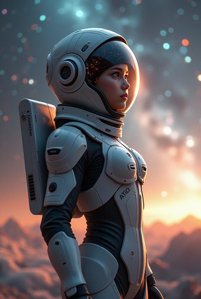 a woman in a space suit standing in front of a planet, digital art inspired by jessica rossier, cgsociety contest winner, digital art, beautiful woman in spacesuit, movie still 8 k, 8k portrait render, from a 2 0 1 9 sci fi 8 k movie, highly detailed vfx portrait of, cgsociety 8k, cgsociety 8k
