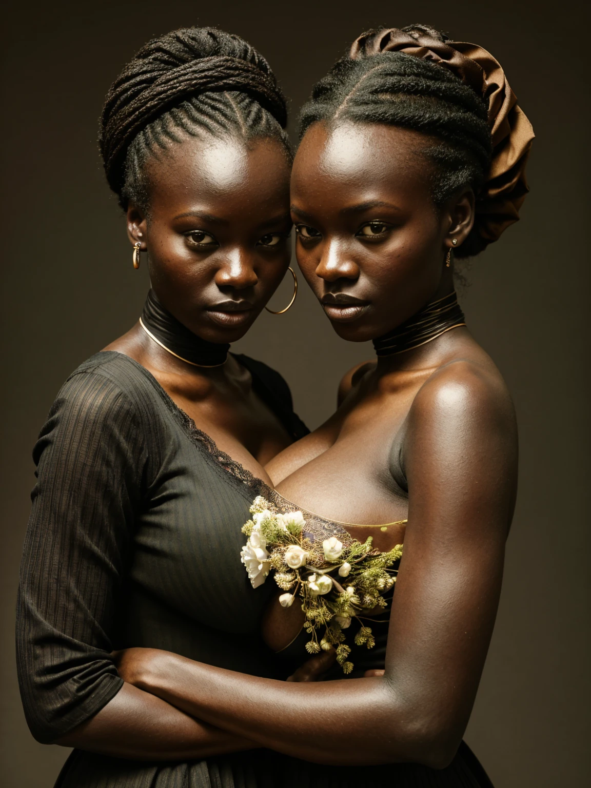 a detailed portrait of two beautiful african girls with dark skin, ajak deng, bun hairstyle, a detailed portrait of two beautiful african hautains girls with dark skin hugging at night, ajak deng, bun hairstyle, glossy makeup, wearing green victorian dress, daguerreotype, Long sleeves Round neck ,victorian lace dress maxi (((tight))) col haut,(Huge breasts:1.5), extremely detailed 8k wallpaper) ,soft lighting, high quality, film grain, Fujifilm XT3 sharp focus, f 5.6, 24mm, High Detail, Sharp focus,(natural light), crazy details, complex details, hyperdetailed, seen from far, holding a bouquet of flowers