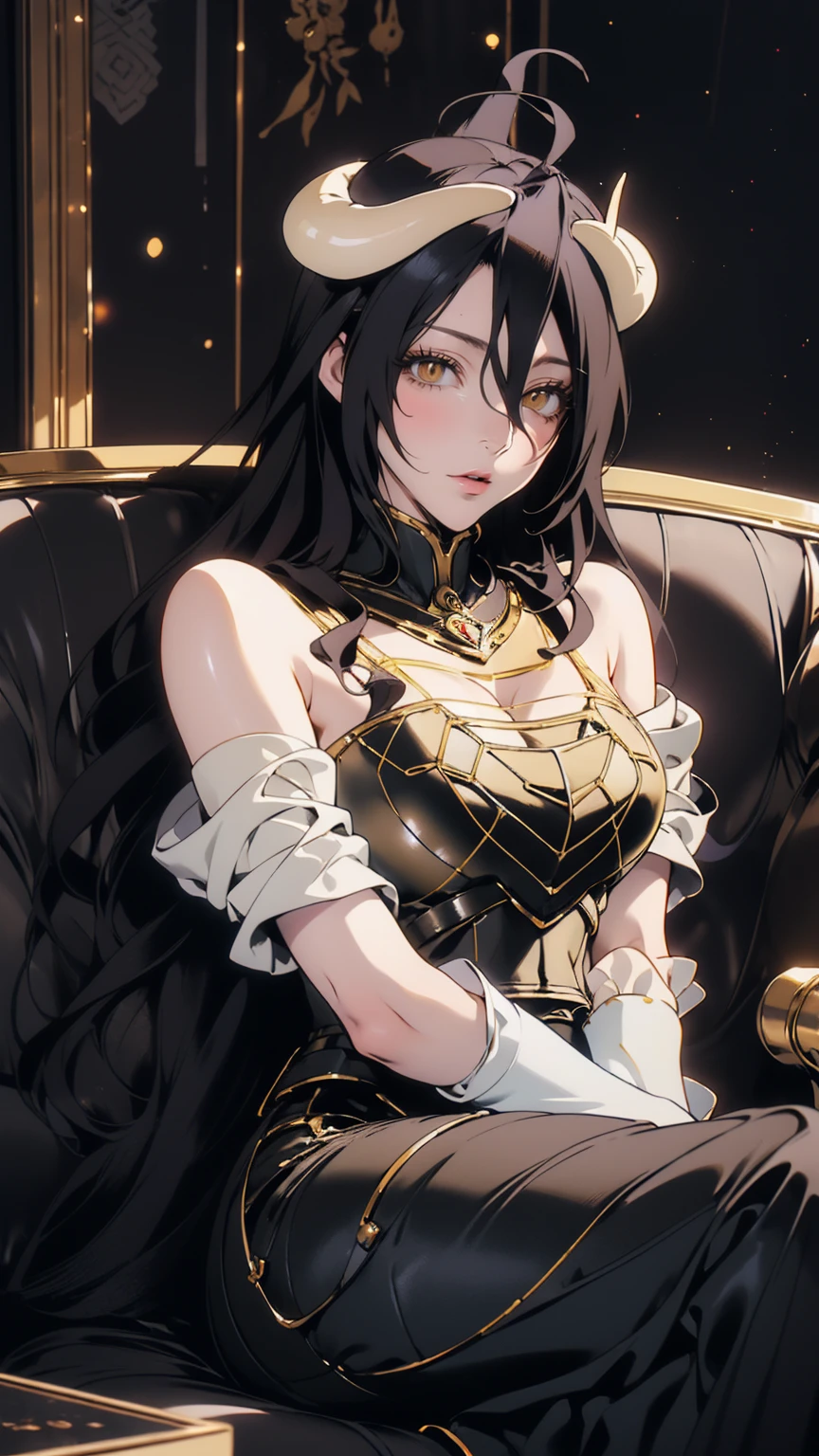 (digital art,8K, Masterpiece, High Quality, Digital Art, Beautiful Anime Aesthetics, Super Detailed, Perfect Body Proportions),beautiful ALBEDO waifu aesthetic  is sitting in a fancy couch.  modern black suit with patterns and details.big black wings. Perfectly detailed face with an arrogant look, CHOKER on the neck, sculpted and proportional body in a beautiful pose, high detail. black and dark red demon flowers among the character. perfect portrait concept art, with a cinematic posing of a half-body portrait! Dark tones with light effects . anime stunning full color art,
