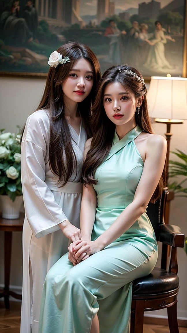 Two Chinese princesses, two women with straight long hair, wore white hanfu dresses, luxurious long, long shoulders, lots of peacock metal hair ornaments, high hair boxing in a palace with flowers, looking into the camera, holding a long white cloth, a lot of fabric, flickering, the first person sitting on a luxurious chair, white dress. The second man stood next to a light green dress.