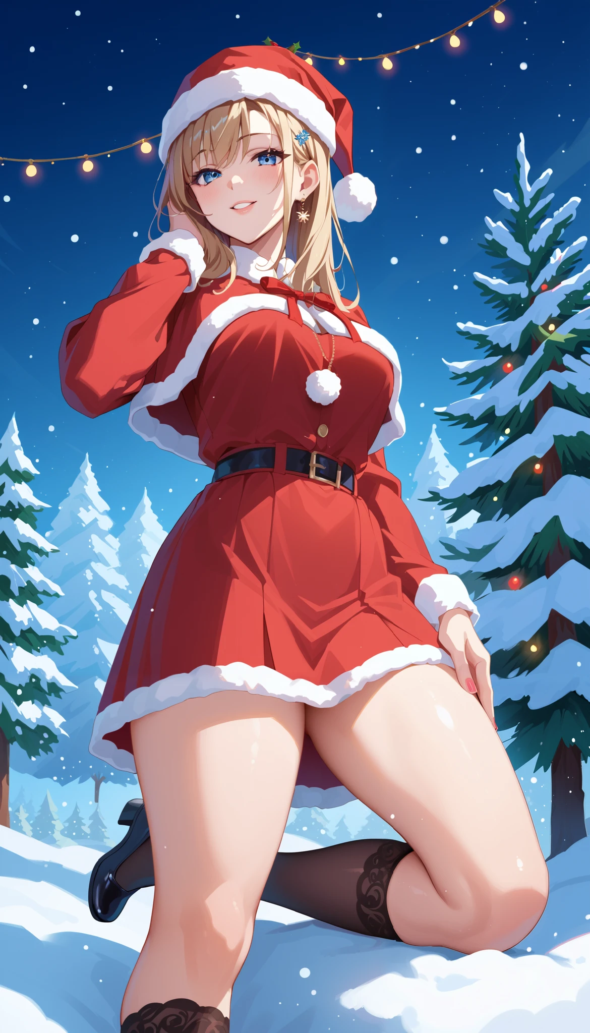 Aoi Inuyama, Yurucamp, medium hair, chest, bangs, brown hair, hair ornament, side ponytail, flowing bangs, thick eyebrows, thighs, exposed chest, nsfw, (show off nipple / nipple) shirt lift
blush, dark eyes
(brown Santa cosplay:1.3), (fluffy long dress), (fluffy short cape)
deer tail