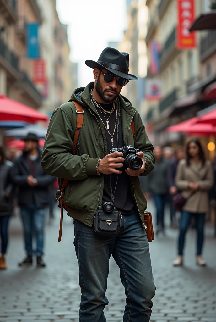(photorealism:1.2), a , holding a camera and other photography tools, wearing swagger sitting in the street